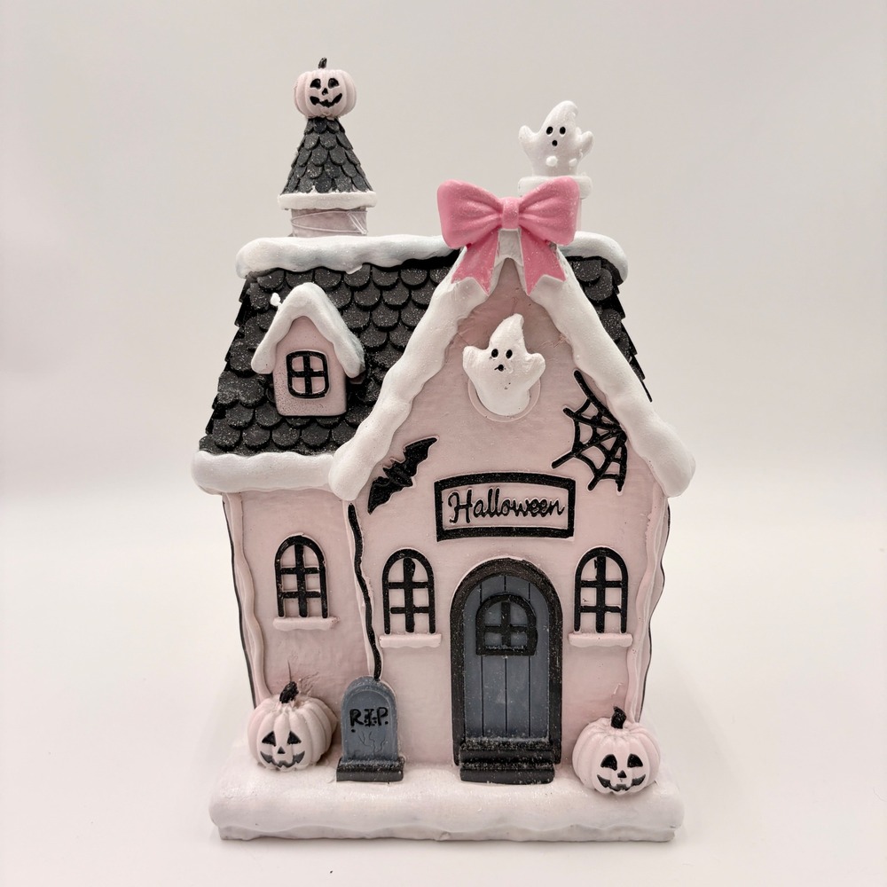 Mystic Blush Pink Haunted House Halloween Decor Glitter Ghost Figurine NEW